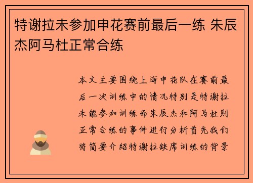 特谢拉未参加申花赛前最后一练 朱辰杰阿马杜正常合练